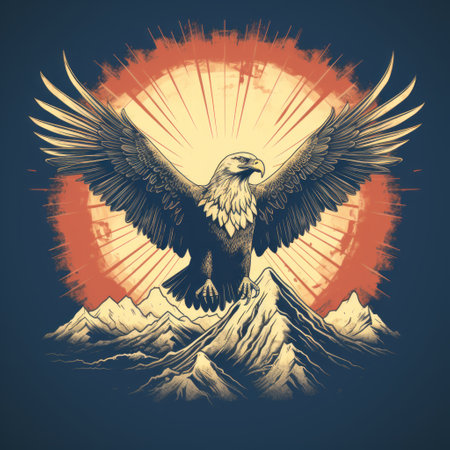 eagle perched on a majestic mountainside during a breathtaking sunset. this vintage graphic design showcases a blend of supernatural realism and classic tattoo motifs. the dark yellow and blue hues add depth to the himalayan art-inspired composition. with high-quality details, this illustration captures the essence of psychological phenomena in a captivating manner. ai generatedの素材