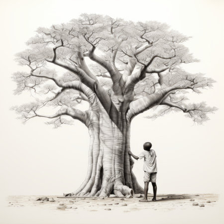 a black and white pencil drawing of a nigerian art baobab tree, showcasing naturalistic depictions of flora and fauna. this artwork, created in the style of igor morski, seth globepainter, and terry redlin, captures the classical proportions of the tree with characterful pen and ink details. the backlight adds depth and dimension to the composition. ai generatedの素材