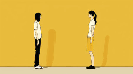 a person stands facing inward in front of another person who is seated, creating a surreal comic scene. this animated gif, inspired by japanese minimalism, features a light yellow and dark white color scheme. with a feminist perspective, the realistic rendering and frequent use of yellow add depth to the composition. ai generatedの素材