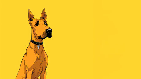 dobermann dog standing against a blue and yellow background, inspired by minimalist illustrator style. the 32k uhd image showcases minimalist backgrounds with dark yellow and aquamarine tones. it incorporates elements of indian pop culture, featuring dynamic color fields and subtle celebrity and pop culture references. ai generatedの素材