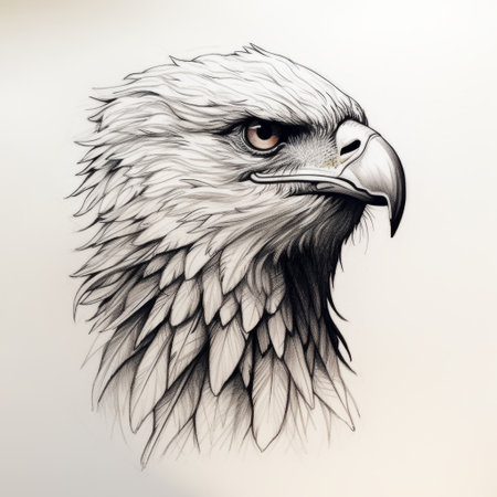 an eagle head in black and white pencil, resembling a mural painting. the detailed character illustration showcases a mix of dark white and light bronze tones. the spray painted realism adds depth to the image, with a combination of light white and dark indigo shades. the meticulous linework precision and naturalistic proportions enhance the overall aesthetic. ai generatedの素材