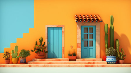 a vibrant housing with an orange wall, a door, and steps, showcasing a fusion of mexican and american cultures. the minimalist art approach is evident, with playful use of contrasting colors like light emerald and indigo. this unique blend creates a visually striking and culturally rich image. ai generatedの素材