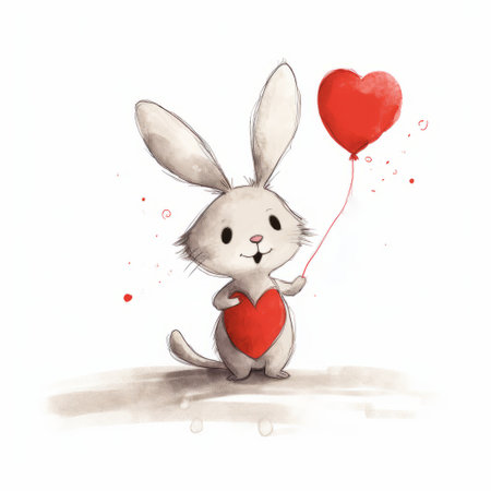watercolor illustration of saturday the 7th rabbit holding a heart balloon. the artwork is done in a dark white and red color scheme, reminiscent of the styles of florian nicolle and jeremiah ketner. the detailed character design and playful expressions bring the rabbit to life. the image has a rough-edged 2d animation feel and is available in ultra-high definition (uhd). ai generatedの素材