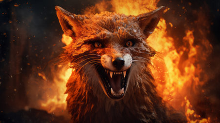 a snarling fox with its mouth open, depicted in a matte painting style. the image showcases a hyper-detailed rendering, featuring imaginative characters and the use of redshift. the composition also highlights the influence of theodore rousseau, with selective focus and contrasting textures adding depth to the scene. ai generatedの素材