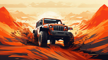 a red truck stands out in an orange desert, surrounded by deep red dirt. this aggressive digital illustration captures the energy-filled scene with a style reminiscent of transfixing marine scenes. the strong facial expression of the truck adds to its allure, while the influence of antonio mancini and outrun aesthetics is evident in the auto body works. ai generatedの素材