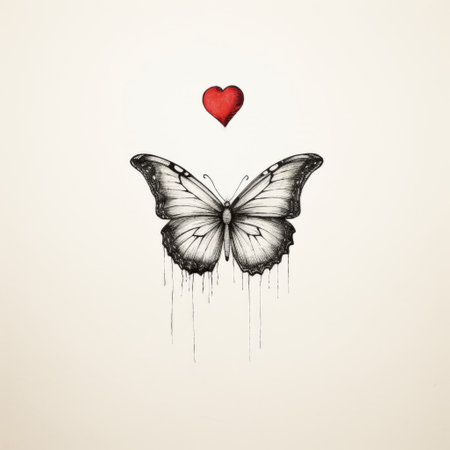 a black and white drawing of a butterfly gracefully flying while delicately holding a vibrant red heart. this minimal retouching style artwork showcases highly detailed realism with ink and color. the lithograph technique adds a touch of elegance to the piece, while the low resolution gives it a unique charm. this inspirational image captures the beauty of nature and love. ai generatedの素材