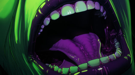 a green monster with its mouth wide open is depicted in this speedpainting style artwork. the endercore technique adds a realistic hyper-detail to the monster's features, which are predominantly colored in shades of purple and crimson. this commission showcases distorted perspectives and exaggerated forms, creating a visually striking and unique piece. ai generatedの素材