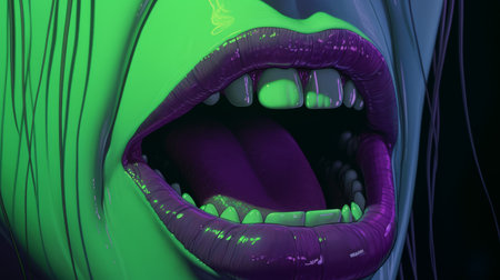 a woman with vibrant red, purple, and green colors adorning her, showcasing a unique blend of realistic hyper-detail and cartoonish character design. this striking image is rendered in unreal engine, capturing a contemporary grotesque style. the woman's mouth features teeth, adding an intriguing element to the overall composition. the color palette consists of light green and dark azure, enhancing the blink-and-you-miss-it details that pour outの素材