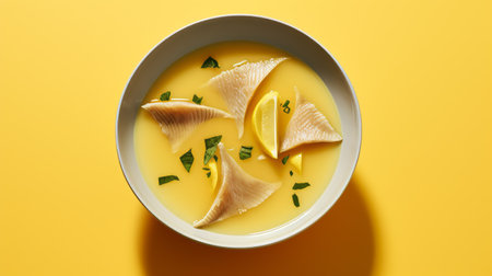 a bowl of soup sits on a vibrant yellow table, surrounded by translucent planes and sharp perspective angles. the photo captures a smilecore aesthetic with a mediterranean-inspired vibe. the image is created using a fish-eye lens, and minimal retouching has been done to maintain its authenticity. ai generatedの素材