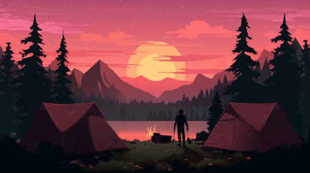 a vector design of a camp host scene in a cartoon style. the scene showcases a forest camp with a silhouette of a man and woman. the design incorporates pastel colors and a sharp/grispy style, while the background remains white. ai generatedの素材