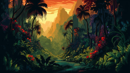 jungle river sunset photo wallpaper featuring a stunning artwork in the style of dan mumford. this naturalistic depiction showcases vibrant flora and fauna, created through freehand painting. the dark turquoise and dark red hues add depth to the tropical landscapes, while the colorful pixel-art elements enhance the overall painterly style. perfect for mobile wallpapers and hd backgrounds. ai generatedの素材