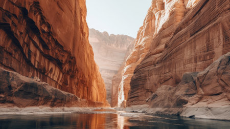 a river flows through narrow canyons in kailua kanan, creating a stunning backdrop. the minimalist style of the photo showcases light maroon and orange hues, reminiscent of ancient egypt. the split toning adds a touch of y2k aesthetic, while the clear edge definition enhances the adventure-themed atmosphere. ai generatedの素材