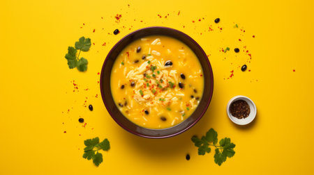 a bowl of soup, inspired by caras ionut's style, is placed on a vibrant yellow background. the traditional mexican influence is evident in the post-processing, with a combination of yellow and black colors. the birds-eye-view perspective adds a dynamic touch to the high-energy imagery, reminiscent of svetlin velinov's work. ai generatedの素材