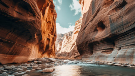a stream flows through a slot canyon in a stunning red rock canyon, creating a captivating scene. the light sky-blue and dark beige hues of the canyon walls add to the adventure-themed atmosphere. this photograph captures the essence of environmental activism and showcases the monochromatic serenity of the landscape. the combination of light teal and light amber tones creates a romantic riverscape, reminiscent of historicalの素材