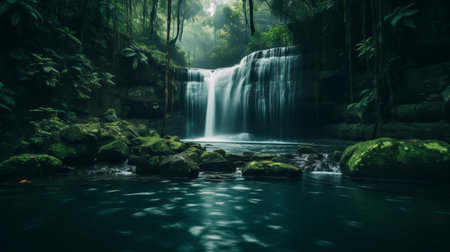 a stunning 8k resolution photo captures a mesmerizing waterfall nestled in a lush jungle, surrounded by vibrant tropical plants. the dark teal and light cyan tones add a touch of mystique to the scene. this captivating image, taken by photographers marcin sobas and dimitry roulland, showcases the serene and peaceful ambiance of australian landscapes, creating a moody and tranquil atmosphere. ai generatedの素材