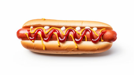 a hot dog with yellow dipping sauce is showcased on a white background, featuring an overexposure effect. the color palette includes dark red, dark red and white, as well as dark red and light orange. the image is enhanced with sparklecore elements, high-key lighting, and smooth lines. ai generatedの素材