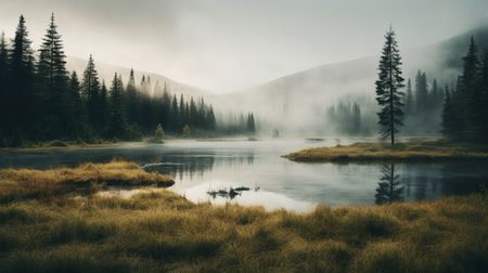 lake on the meadow in the rocky mountains, captured in the atmospheric and moody style of mikko lagerstedt. this orientalist landscape showcases the beauty of nature, with a focus on the atmospheric effects. the image features elements inspired by native american, first nations, and alaska native art, creating a captivating and immersive uhd experience. shot on kodak portra film. ai generatedの素材