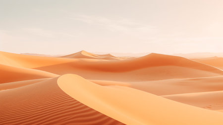 aerial view of a stunning desert landscape featuring multiple expansive sand dunes. the image showcases a realistic depiction with soft, tonal colors in light orange and light bronze. the photorealistic rendering captures the essence of the scene, while incorporating elements of oriental minimalism and the artistic style of tarsila do amaral. the detailed and colorized rendering adds depth and vibrancy to the composition. ai generatedの素材