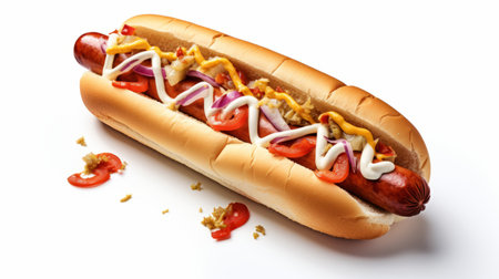 a white dog with hot dog toppings, created using wet-on-wet blending technique. the toppings include cheese, rollerwave, bold traditional, prairiecore, talbot hughes, and skillful elements. ai generatedの素材