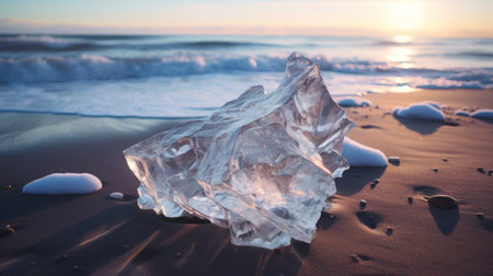 a speck of ice glistens on the sandy beach, captured in the mesmerizing style of vray tracing. this sculptural alchemy of realistic and detailed rendering showcases the translucent layers of the ice, adding depth to the lively coastal landscape. softbox lighting and expert post-processing techniques enhance the visual appeal of this stunning photograph. ai generatedの素材