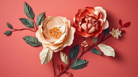 a paper flower with leaves is showcased against a background featuring a harmonious blend of light orange and crimson hues. this editorial illustration, inspired by the works of kinuko y. craft and mike campau, exhibits meticulous design and a traditional color scheme reminiscent of porcelain art. ai generatedの素材