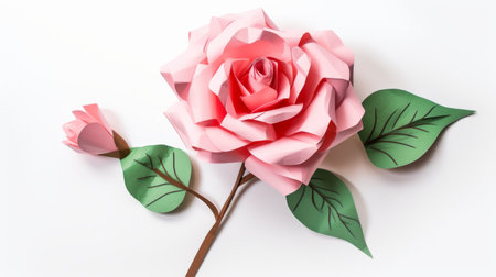 pink rose in a folding floral arrangement, featuring delicate leaves, set against a clean white background. this paper sculpture showcases precisionist lines and shapes, creating a large-scale, nature-inspired pattern. with influences from sketchfab and sculptural paper constructions, the rose exhibits a beautiful combination of light red and light emerald hues. ai generatedの素材