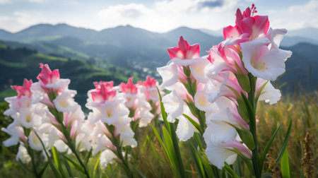 a blooming gladiolus in the mountains of guangxi, showcasing its white and fluffy petals against a bright background. this macro photograph captures the vivid and realistic details of the flower, with a large depth of field of 16k. ai generatedの素材