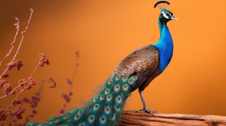 a stunning peacock captured in a hyper-detailed, realistic rendering by photographer caras ionut. this desktop wallpaper, inspired by the style of ed freeman, showcases the vibrant orange and bronze hues of the peacock's feathers. shot with a sony alpha a7 iii, this colorized image brings the intricate beauty of the peacock to life. ai generatedの素材