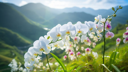 white and pink orchids bloom gracefully amidst majestic mountains and fluffy clouds, creating a stunning landscape reminiscent of lush backgrounds. the light yellow and sky-blue hues add a touch of serenity to this eco-friendly crafted image captured with the canon eos 5d mark iv. the combination of light white and light green tones enhances the joyful celebration of nature, making it a truly captivating andの素材