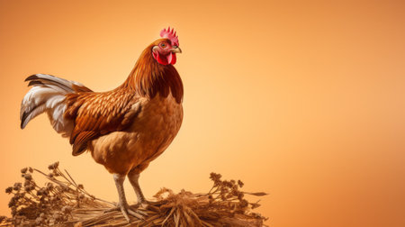 a rooster perches on a stack of straw, illuminated by softbox lighting. the image showcases a combination of light orange and light gold tones, creating a realistic still life with dramatic lighting. the 32k uhd resolution captures every detail, while the smokey background adds depth. the birds-eye-view perspective and uniformly staged composition enhance the overall visual impact. ai generatedの素材
