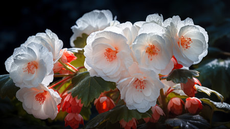 white flowers and pink leaves contrast beautifully against a dark background in this captivating photo. inspired by the canon ef 24-70mm f/2.8l ii usm lens and the artistic style of serge marshennikov, traditional japanese techniques are employed to create a stunning composition. the use of light red and light orange hues, along with depictions of inclement weather, adds a glistening and bold touch to theの素材