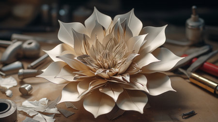 a paper flower with tools and accessories is beautifully arranged on a workbench. this hyper-detailed and realistic rendering showcases the graceful curves of the flower. the light gold and light bronze colors add an elegant touch. created by artist tony orrico, this uhd image captures the essence of bio-art. the contrasting dark white background enhances the overall aesthetic. ai generatedの素材