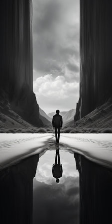 a man walks through a water puddle in this black and white photo, showcasing surreal 3d landscapes and mountainous vistas. the image captures humanistic empathy and is rendered in 8k resolution, highlighting the realistic portrayal of the human form. this artwork is reminiscent of the style of paul corfield and is suitable for large-scale canvas displays. ai generatedの素材