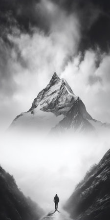 a man walks down a misty mountain at night, captured in a black and white masterpiece. this high-quality, uhd image showcases the creased, crinkled, and wrinkled landscape of the himalayas. the precisionist lines and shapes add an artistic touch to this captivating photo. ai generatedの素材