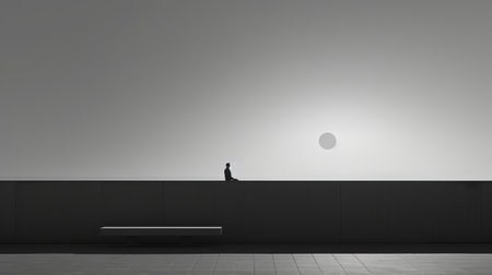 a person sits on a bench in front of a building, with a yellowish sky and the city skyline in the background. the photo is inspired by the styles of gilbert garcin, nathan wirth, and yeong-hao han, featuring minimalist black and white tones, luminous 3d objects, and zen minimalism. the composition includes spherical sculptures, creating a unique visual experience. ai generatedの素材