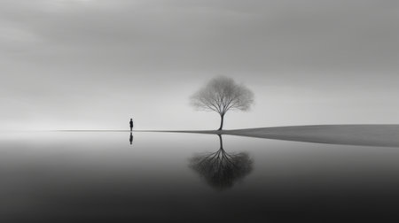 a person stands on a tree in water in this black and white photo. the image showcases a futuristic minimalistic style with delicately rendered landscapes and soft, dreamy depictions. the reflections add depth to the composition. this 8k resolution, uhd image captures the beauty of the scene. ai generatedの素材