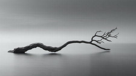 an untamed tree, reminiscent of the japanese art style, lies at the bottom of the ocean in this monochromatic image by olivier valsecchi. the long exposure captures the tree's intricate details, with its bentwood branches contrasting against the light gray and dark black tones. this uhd image showcases valsecchi's sculptural approach, creating a captivating and surreal underwater scene. ai generatedの素材