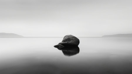 a black and white photo captures the essence of a rock at the waters edge, showcasing the zen minimalism and anthropomorphic surrealism. the image portrays contrasting balance, with moody colors and a misty atmosphere, evoking a sense of oriental minimalism. the minimalist imagery adds to the overall aesthetic appeal of the composition. ai generatedの素材
