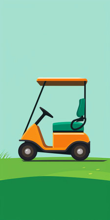 a cute minimalist orange golf cart drives through a blue-green forest in the rain. this ultra-minimalist illustration features only 4 spot colors - orange, dark orange, blue-green, and dark blue-green. with an exaggerated perspective and a touch of minimalist pop art, the illustration captures the essence of simplicity and style. ai generatedの素材