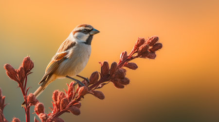 bird sitting low on branch with warm tones, post processing, uhd image, flower and nature motifs, backlight, and concise brushwork techniques. this contest-winning photo captures the bird's serene presence in a beautifully composed scene. ai generatedの素材