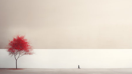 a photo of a white wall and a large tree, captured with a nikon d750 camera. the image showcases a color field minimalism style, with shades of crimson and beige. the composition exudes contemplative minimalist abstractions, combining minimalist figuration. the use of a samyang af 14mm f2.8 rf lens adds to the overall aesthetic, with a palette of light gray and bronze tones. ai generatedの素材
