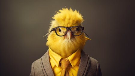 a yellow bird, donning glasses and a tie, poses in a bold fashion photography style. this unique image showcases working-class empathy through its detailed costumes. the solarizing master technique adds a captivating touch to the photo, which was taken with provia. the overall composition is bold and busy, making it a visually striking piece. ai generatedの素材