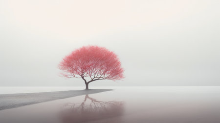 a white tree stands tall amidst a mist-covered lake in this uhd image captured by gloria w. the photo showcases the japanese minimalism style, with a color palette of light cyan and light crimson. through focus stacking, the image achieves a high level of detail, while the minimalist color field of pink and gray adds to its serene and simplistic beauty. ai generatedの素材