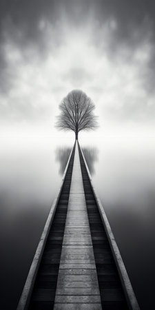 white walkway with a tree, captured in an ethereal illustration style. the balanced symmetry and calm waters create a serene atmosphere. this black and gray photograph, reminiscent of time-lapse photography, features layered imagery with subtle irony. a captivating tabletop photography composition. ai generatedの素材
