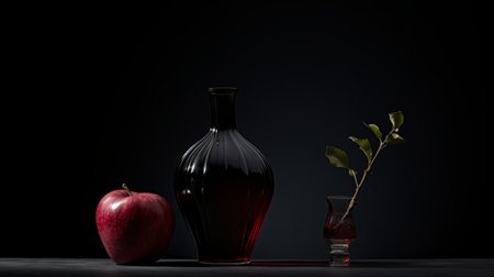 a black table and black floor create a striking contrast in this meticulously crafted photorealistic still life. the dark red and dark black elements, including a glass apple core, add depth to the composition. captured with a wollensak 127mm f47 ektar lens, this uhd image beautifully captures the essence of absinthe culture. ai generatedの素材