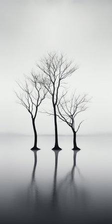 three single trees, standing in the water, create a captivating monochromatic minimalist portrait. this photograph, reminiscent of traditional japanese artistic techniques, showcases sharp focus and ghostly forms. with its hauntingly beautiful illustrations, this associated press photo captures the essence of thin steel forms in a mesmerizing way. ai generatedの素材