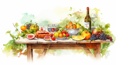 a watercolor painting of a fruit and wine table featuring a variety of fruits, wine bottles, and a water bottle. the artwork is done in the style of outdoor scenes, with a color palette of light orange and red. this creative commons attribution piece captures the essence of rural life scenes, showcasing the heavy use of palette knives for a realistic and hyper-detailed rendering. inspiredの素材