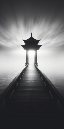 a black and white photo captures a pagoda standing gracefully on a river within a serene lake. the ethereal and dreamlike atmosphere, reminiscent of john wilhelm's style, is enhanced by subtle gradients. this image beautifully combines chinese tradition with mysterious backdrops, creating a passage to an oriental world. ai generatedの素材