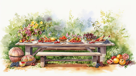 a watercolor pencil drawing of a wooden picnic table adorned with fruit and grapes, reminiscent of colorful gardens and extravagant table settings. this large-scale artwork, measuring 3840x2160, showcases the talent of the aquarellist. with its storybook illustration style and earth tone color palette, this piece is a captivating visual feast. ai generatedの素材