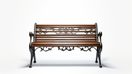 a chic iron bench with a simple design is showcased in this 4k resolution image. the bench, made of iron, exudes an italian aesthetic. with a white background, the side and front views of the bench are captured, highlighting its elegant craftsmanship. ai generatedの素材